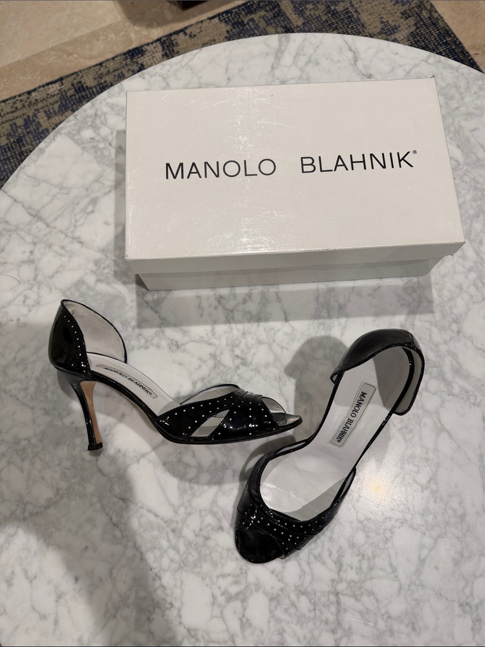 Manolo Blahnik Peep Toe D’orsay Black Patent.  37